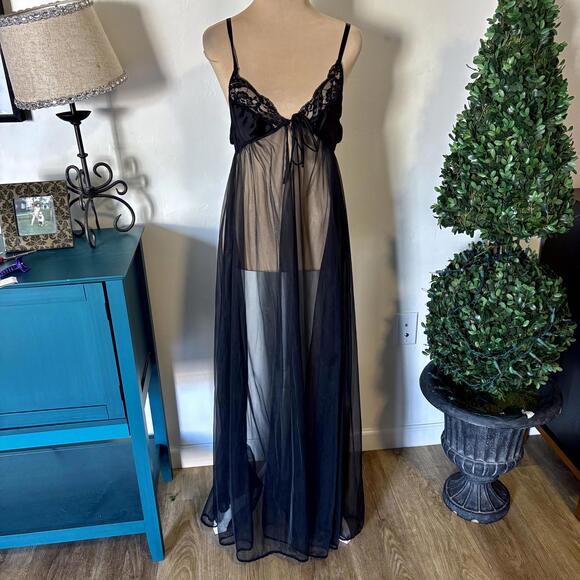 Vintage 60's Shirley of Hollywood Sheer Black Lace Nightgown - Picture 1 of 7